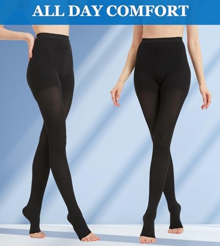 MGANG Medical Compression Pantyhose for Women & Men, 15-20mmHg Graduated Compression Support Tights, Open Toe, Opaque Waist High Compression Stockings for Edema, Varicose Veins, Flight, DVT, Black S