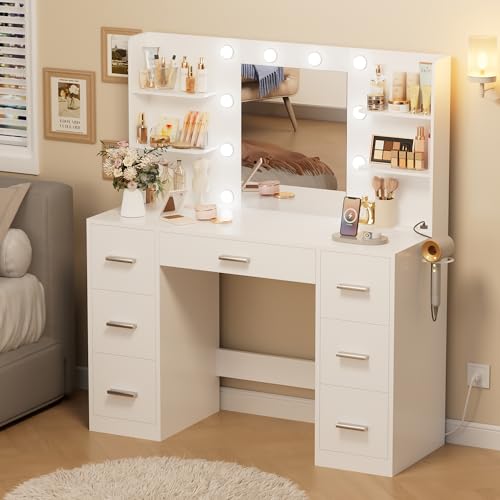 Acurax Makeup Vanity Desk with Mirror and 10 Lights, Table with 7 Drawers and 4 Open Shelves, 3 Color Modes and Adjustable Brightness, Charging Station for Bedroom, Bright White