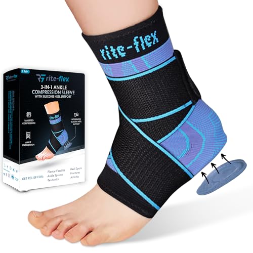 3-in-1 Ankle Compression Sleeve with Silicone Heel Pad - Ankle Brace for Sprains, Foot Fatigue, Post Surgery, Plantar Fasciitis Relief & Support (1, Small)
