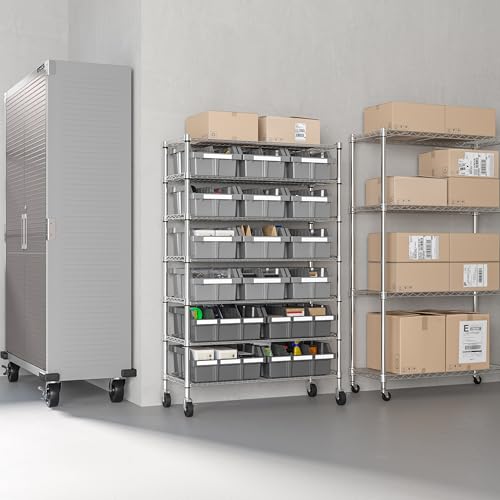 Seville Classics Heavy Duty NSF Bin Rack Solid Steel Wire Shelving Storage Unit, Patented Organizer for Garage, Warehouse, Office, Restaurant, Classroom, Kitchen, Gray, Includes 16 Bins