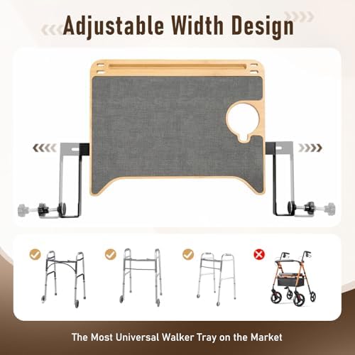 Detachable Tray for Walkers for Seniors with Cup Holder - [Freely Adjustable in All Directions] - Bamboo Mobility Table Fits Most Standard Folding Walkers, Removable & Easy Assembly
