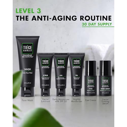 Tiege Hanley Skin Care Set for Men, Anti Aging Routine, System Level 3, Daily Face Wash, Facial Scrub, Two Moisturizers, Eye Cream, and Serum for Healthy, Hydrated Skin, Men¡¯s Skin Care, 6 Piece Kit