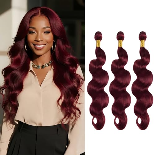 99J Burgundy Body Wave Human Hair Bundles 24 26 28 Inch 3 Bundles Brazilian Virgin Remy Hair Extensions Weave Soft Bouncy Curly Sew In for Black Women