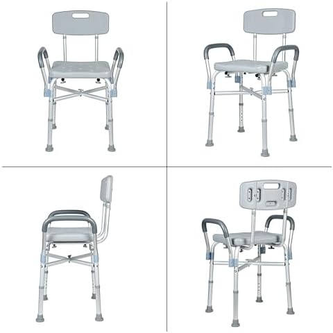 UNICOO® Adjustable Shower Chair for Inside Shower | Lightweight Bath Chair with Detachable Backrest, Arms, and Drain Holes for Elderly and Disabled, Safety Legs, and Padded Armrests | Shower Stool