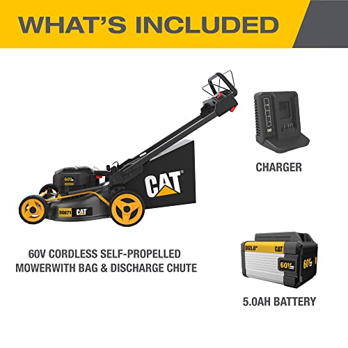 Cat DG671 60V 21” Self-Propelled Cordless Lawn Mower 3-In-1 Cutting Modes, Brushless Battery Lawn Mower with TorqLogic, Easy-Adapt Self-Propelled Lawn Mower – Battery & Charger Included