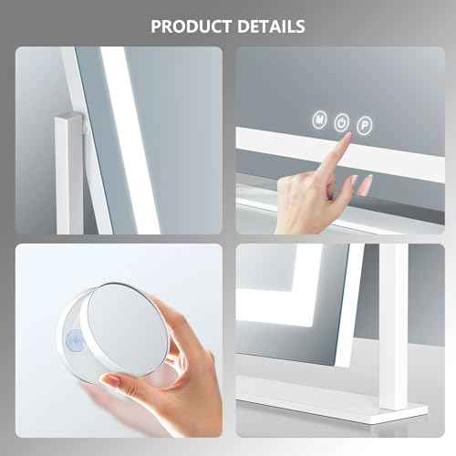 Makeup Vanity Mirror with Lights 15.2" Large LED Lighted Mirror, Hollywood Make Up Mirror with Lighting for Bedroom Tabletop, Smart Touch, 360¡Æ Rotation, (White)
