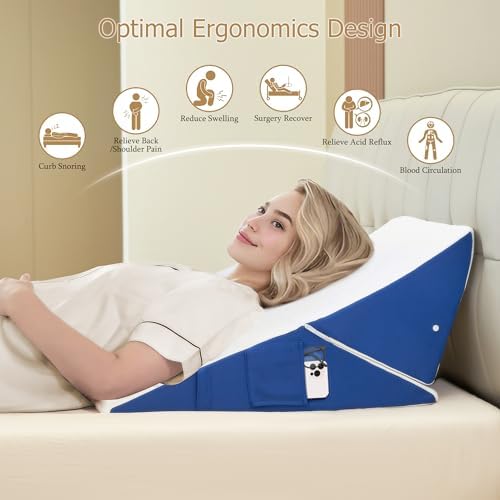 Wedge Pillow for Sleeping, 7-in-1 Adjustable Bed Wedge Pillow for Back/Leg Support, 10" & 12" Triangle Pillow Wedge Elevated Pillows for Sleeping with Handle and Washable Cover, Blue & White