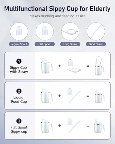 Multifunctional Adult Sippy Cup for Elderly Spill Proof - Easy to Grasp Handles, Precise Liquid Control- 15oz Stainless Steel Sippy Cup with Straw, No Spill Cups for Elderly, Seniors