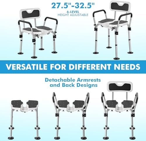 FORTEMOTUS Shower Chair for Inside Shower 400 lbs, Shower Chair for Elderly and Disabled with U Shaped Seat, Padded Arms and Back, Adjustable Height for Bathtub, Bathroom