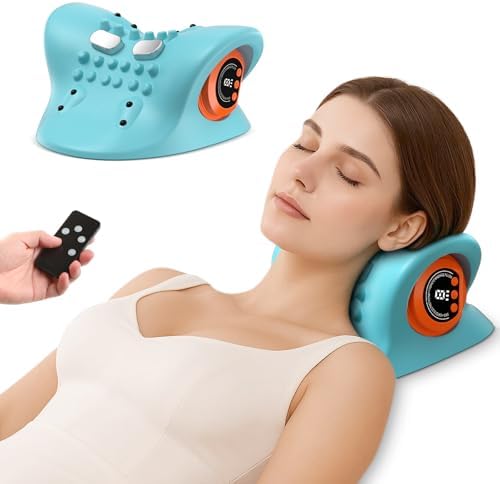 Portable Neck Traction Device, Cervical Stretcher with Heating & Vibration – Relieve Muscle Tension, 3-in-1neck pillow Customizable Massage Modes with Wireless Remote Control Ergonomic Design