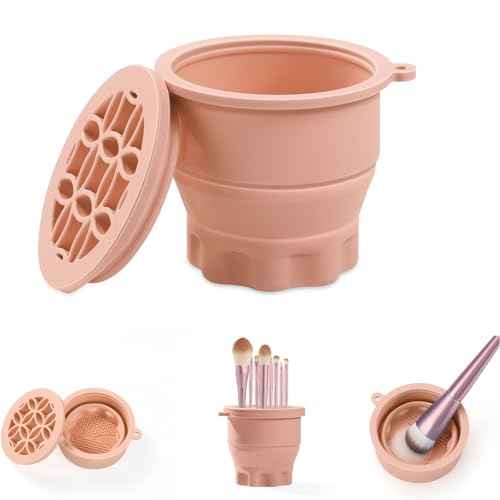 WantGor Makeup Brush Cleaner Mat with Brush Storage Holder, 3 in 1 Foldable Silicone Bowl Cosmetic Brushes Cleaning Pads Tool for Makeup Brush, Makeup Sponge, Powder Puff (Khaki)
