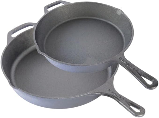 KANKA Cast Iron Skillet Set â Pre-Seasoned 10 Inch & 12 Inch Cast Iron Frying Pans â Iron Skillet Set for Stove, Oven, Grill & Searing Pan Cooking â Includes Silicone Handles & Scrapers