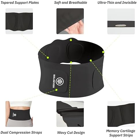 Ultra Thin Back Brace for Lower Back, Breathable Lightweight Back Brace for Women & Men, Adjustable Back Support Brace for Lower Back Pain Relief, Sciatica, Scoliosis, Herniated Disc (Black, Medium)