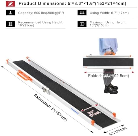 Ruedamann Portable Wheelchair Ramp, 5FT Adjustable Aluminum Ramp for Home, 600lbs Capacity,Telescoping Non-Skid Surface Wheel Chair Ramp for Home, Stairs, Steps