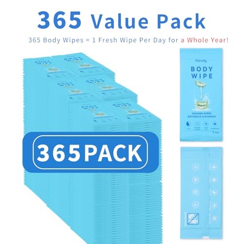 365 Pcs Body Wipes Individually Wrapped (9.29" x 8"), Large Shower Wipes for Adults Bathing No Rinse, Portable Personal Cleansing for Gym, Camping, Hiking, Backpacking,Bulk Homeless Supplies