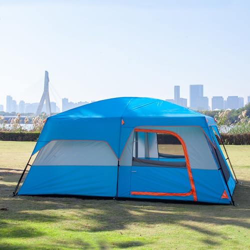 KTT Extra Large Tent 12 Person,Family Cabin Tents,2 Rooms,3 Doors and 3 Windows with Mesh,Straight Wall,Waterproof,Double Layer,Big Tent for Outdoor,Picnic,Camping,Family Gathering(Blue)