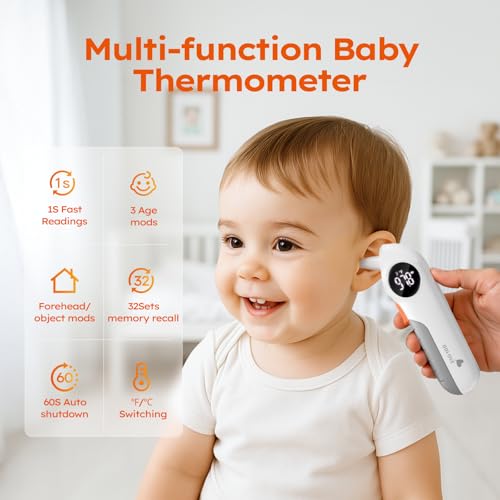 Baby Thermometer for Infants, No-Touch Forehead and Ear Thermometer with Fever Alarm, Fast Accuracy Digital Thermometer for Adults and Kids, 3 Age Modes, Object Modes
