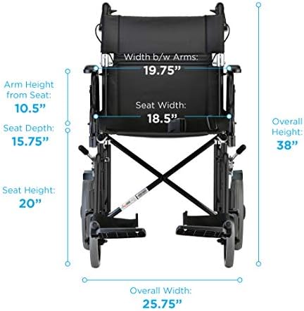 NOVA Medical Products NOVA Lightweight Transport Chair with Locking Hand Brakes, 2” Rear Wheels, Removable & Flip Up Arms for Easy Transfer, AntiTippers Included, Black, 1 Count