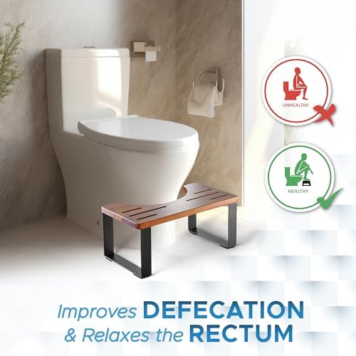BLUEWEST Poop Stool, Acacia Wood Toilet Stool with Strong Steel Frame for Potty Training, 7 Inch Bathroom Step, Durable/Sturdy Support for Adults with Non-Slip Design