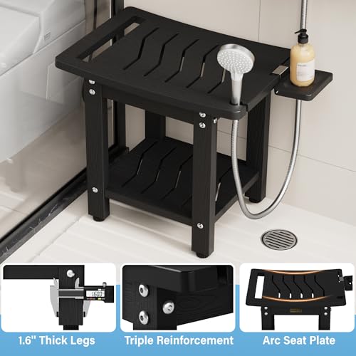 YEFU Shower Chair for Inside Shower: Waterproof/No Maintenance - Shower Stool with Shelf & Handle Weight 400 LBS - Use for Bathrooms/Outdoor - Non-Slip Easy Assemble Bench for Adult/Elderly/Black