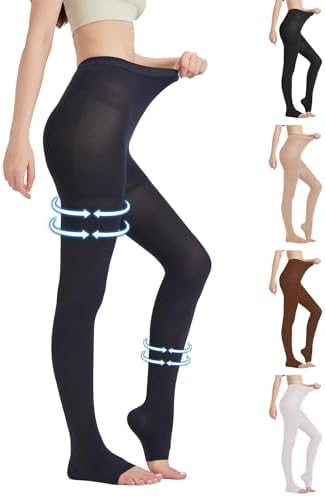 MGANG Medical Compression Pantyhose for Women & Men, 15-20mmHg Graduated Compression Support Tights, Open Toe, Opaque Waist High Compression Stockings for Edema, Varicose Veins, Flight, Navy Blue XXL