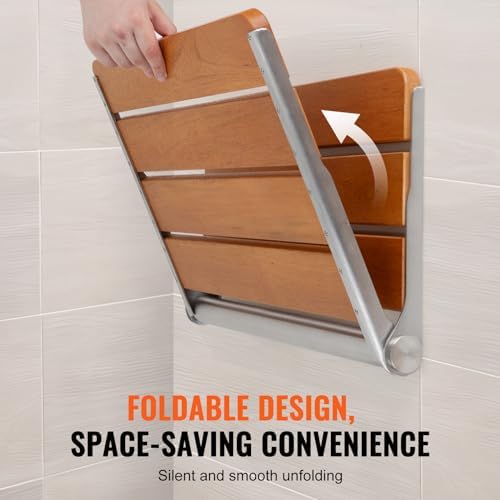 VEVOR Folding Teak Shower Seat, 20.9 x 16'' Unfolded, Wall Mounted Fold Up Shower Bench with 500 lbs Load Capacity, Space Saving Home Care Fold Down Shower Chair, for Seniors Pregnant Women Children