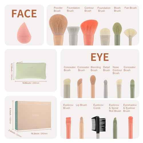 Docolor Makeup Brushes 17 Pcs with Makeup Bag and Makeup Sponge and Brush Protector Morandi Makeup Brush Set Premium Synthetic hair makeup brush Wooden handle Gift Box