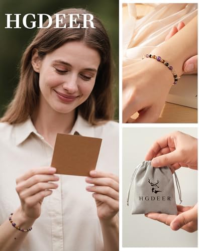 HGDEER Natural Crystal Healing Bracelet for Women - Amethyst Tiger Eye Black Tourmaline Clear Quartz - Anxiety Relief Gemstone Jewelry with Blessing Card