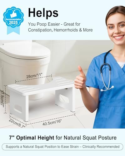 Foldable Toilet Stool, 7 Inches Bamboo Toilet Stool Squat for Adults, Collapsible Poop Stool for Bathroom, Potty Step Stool with Non-Slip Strip (White)