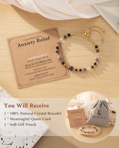 HGDEER Natural Crystal Healing Bracelet for Women - Amethyst Tiger Eye Black Tourmaline Clear Quartz - Anxiety Relief Gemstone Jewelry with Blessing Card