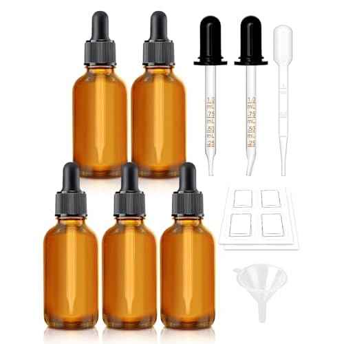 Bumobum 5 Pack, 1 oz Dropper Bottle with 2 Extra Graduated Calibrated Glass Dropper (1ml), Amber Glass Dropper Bottle 30ml Empty Dark Brown Tincture Bottles Eye Dropper for Essential Oils, Liquids