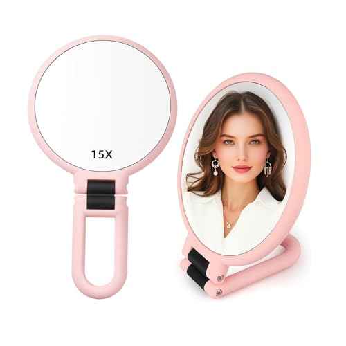 1X 15X Handheld Mirror with Handle for Travel£¬ Magnifying Mirror, Rotation Adjustable Handle, Double Sided Folding, Mirror for Women for Eyes Makeup Travel Table Desk Shaving