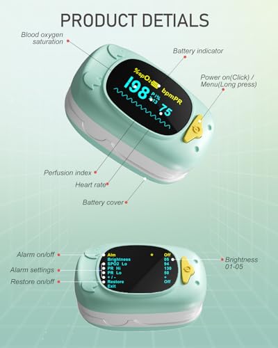 Children Pulse Oximeter Fingertip Pulse Oximeter for Kids Child Blood Oxygen Monitor Portable Blood Oxygen Saturation Monitor SpO2 Finger Included With AAA Battery