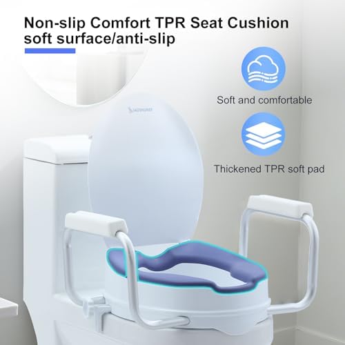 Toilet Seat Risers for Seniors,Adjustable Anti-Silp Handles & Thickened Cushion, Options for Elderly Handicap Medical Hip Replacement Surgery Lift,300 lbs, Easy Clean,Blue