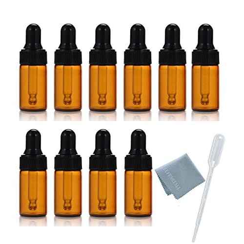 Elfenstall- 10pcs 10ml 1/3oz Amber Mini Glass Bottle Amber Sample Vial Small Essential Oil Bottle with Glass Eye Dropper Refillable Containers + 1pc Clean Cloth + 1pc 3ml Dropper