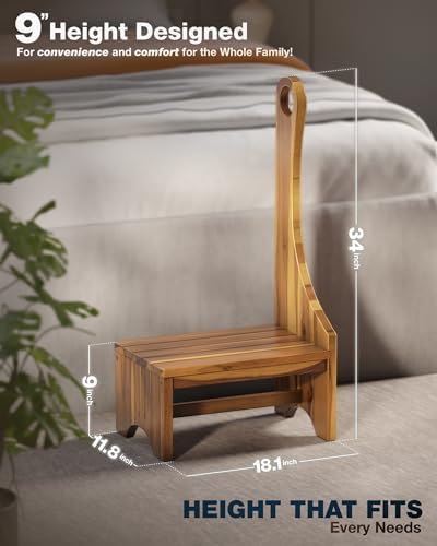 Premium Step Stool with Handle for Adults, Elderly & Seniors, Wooden 9” One Step Stool for High Bed, Heavy Duty Bedside Step Platform, Holds Up to 400 lbs, Nonslip Platform for Kitchen/Bathroom