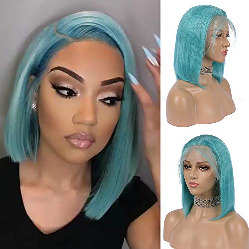 Guanyuhair Pre-plucked Short Bob Human Hair Lace Front Wigs Glueless Silky Straight 150% Full Density #Light Blue Free Part Bob Wigs For Black Women(12inch, Light Blue)
