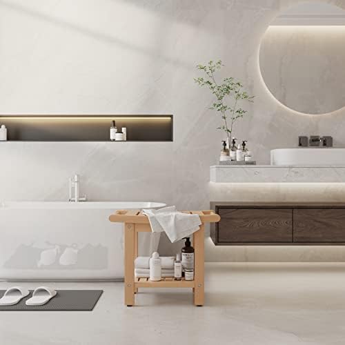 Poly Lumber Shower Bench Seat, Larger Size 22" x 13", Shower Benches for Inside Shower, Waterproof Shower Stool with Handles & Storage Shelf, Shower Chair for Bathroom, Bath Stool (Teak Color)