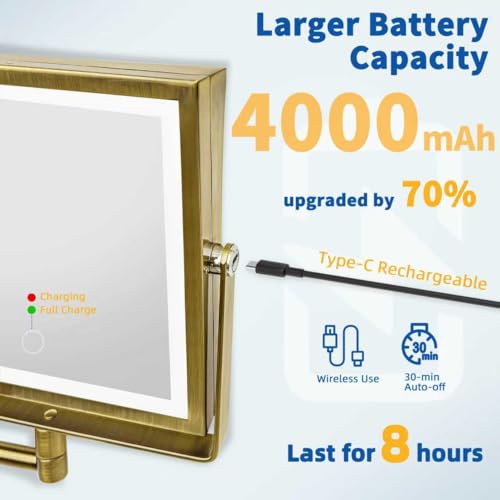 Ruacq Rechargeable Wall Mounted Makeup Mirror with Lights, Double Sided 1X/10X Magnifying Vanity Mirror with 3 Color Lights, Touch Screen Dimmable, 360¡Æ Rotation Extension Foldable Arm(Antique Brass)