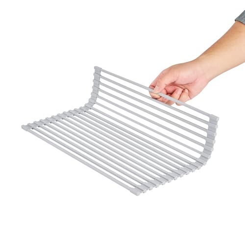 Restaurantware 16.93 x 12.99 Inches Stainless Steel Drying Rack - 12 Count - Clean Tek Professional Dish Drainer, Roll-Up, Non-Slip - Space-Saving Over-The-Sink Rack - Silicone Coated Gray