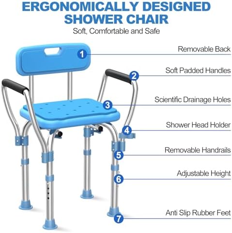 Heavy Duty Shower Chair with Armrests & Back, FSA/HSA Eligible Upgraded 450lbs Stainless Steel Padded Shower Seat for Inside Shower, Anti Slip Adjustable Bathroom Chair for Elderly Disabled