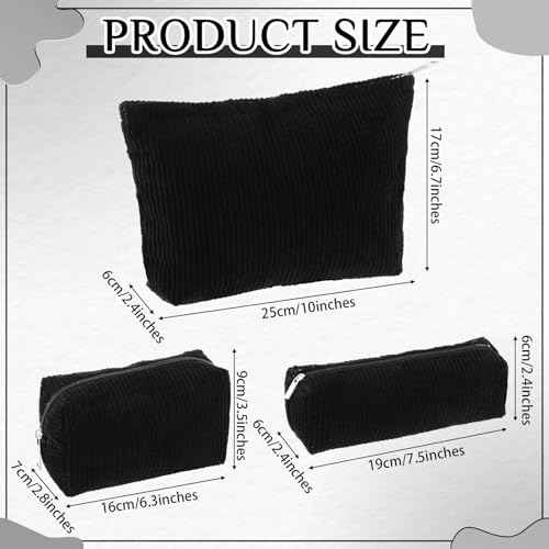 3 Pcs Makeup Bag Set for Women Corduroy Cosmetic Pouch Aesthetic Smile Travel Toiletry Bag Cute Purse Pouch Pencil Case Makeup Brushes Storage Organizer for Christmas(Black,Solid Style)