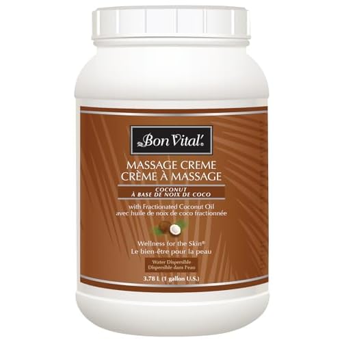 Bon Vital' Coconut Massage Creme with 100% Pure Fractionated Coconut Oil, Massage Cream & Moisturizer to Repair Dry Skin, No Greasy Feel, Professional Massage Anti-Aging Cream, 1 Gal, Label may Vary