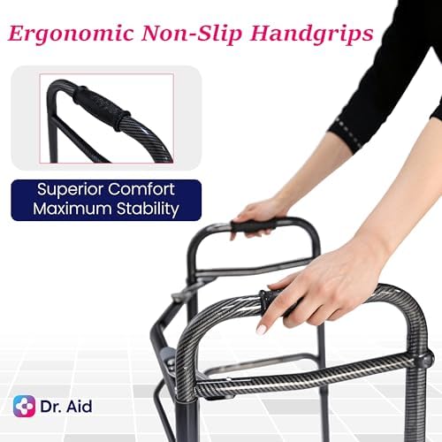 Dr. Aid Premium 2 Button Folding Walker with Wheels, Rolling Front Wheel Walker, Lightweight Walkers for Seniors, Extra Light & Durable Carbon Fiber Aluminum Frame, Adjustable Height, Carbon Black