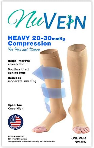 NuVein Medical Compression Stockings, 20-30 mmHg Support for Women & Men, Knee Length, Open Toe, Beige, Large