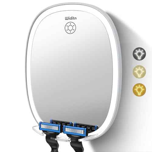 LED Shower Mirror Fogless for Shaving, Adjustable Shaving Mirror with Razor Holder, 3 Colors Dimmable Lighting, Wall-Mounted, Shatterproof Anti-Fog Bathroom Shower Mirror for Man