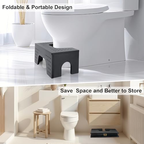 All New Foldable Toilet Stool Squat, 7" & 9" Adjustable Heights Bamboo Flip Poop Stool for Adults and Kids with Non-Slip Layer to Improve Bathroom Posture and Comfort, No Assembly Required