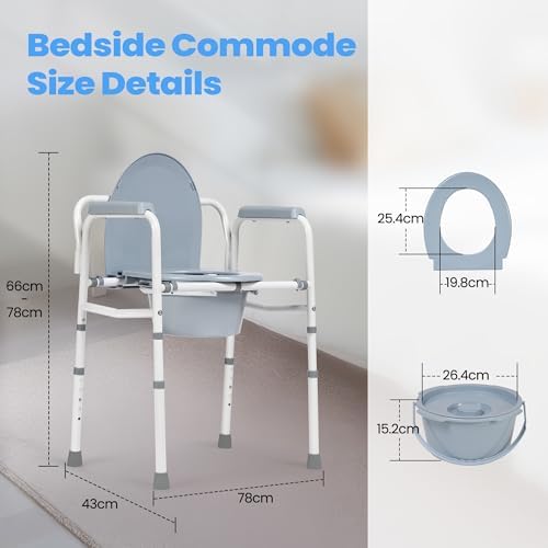 Careboda Bedside Commode Chair with Bucket for Seniors, Portable Extra Wide Commode Seat for Toilet, Folding Steel Chair with 5 Adjustable Heights, 350 Pound Support Capacity, 7.5 Qt. Bucket