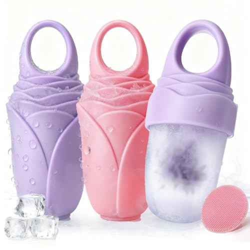 3 Pcs Facial Ice Roller Silicone Mold Reusable for Face Women and Eye Neck Cold Skin Care Tools Freezer De Puff Eye Bags Reduce Migraine Pain Pink 1 + Purple 2
