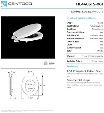 Centoco 4 Pack - 2 inch Raised Toilet Seat for Seniors, Round, Closed Front with Cover, Plastic, Made in the USA, HL440STS-001, White